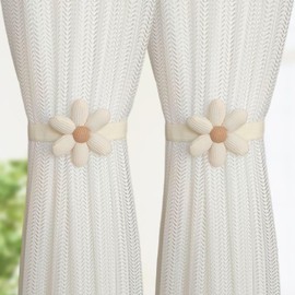 Curtains Tiebacks Pack of 4 Floral Decor Knitted Curtain Holder Handmade Elastic Tiebacks Decorative Curtain for Home, Office, Living Room, Window Decoration, Beige
