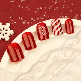 Christmas Press on Nails Short Square Fake Nails Acrylic Nails Red Candy Stripes Glue on Nails Xmas Stick on Nails Artificial Nails Snowflake Designs Nails Press ons Red False Nails for Woman 24Pcs