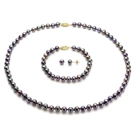 14K Yellow Gold 6-6.5mm Dyed-black Freshwater Cultured Pearl Strand Necklace, Bracelet and Stud Earrings Set