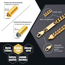 VEXXS 3/4/5/6 mm Men's Curb Chain, 18 K Gold Plated Cuban Necklace, Miami Cuban Link Chain, Men's Chain, Hip Hop, Nickel-Free for Men and Women, Stainless Steel