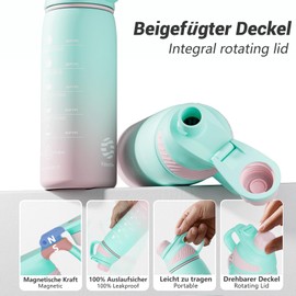 Fjbottle Water Bottle 1L/710 ml + Strainer - Sports Water Bottle with Time Marking / Magnetic Lid - BPA-Free Plastic Bottle for Fitness, School, Yoga, Outdoor