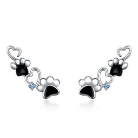 HOOHWE Dog Paw Print Earrings S925 Sterling Silver Crawler Earring Cuff Climber Earrings Puppy Dog Cat Pet Paw Print Stud Earrings Jewelry Gifts for Women