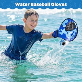 Ayeboovi Water Baseball Gloves Bouncing Ball Set for Pool Toys Lake Beach Games,2 Baseball Style Glove for Catch Skipping Ball, Birthday Gift for Boy Girl Kid Age 8-12 & Adult Teen, Blue