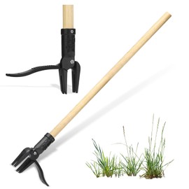 Rakukiri Stand Up Weed Puller Tool Heavy Duty Weeding Tool with Long Wooden Handle and 4-Claw Steel Head