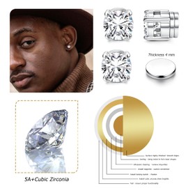 Kakonia 4-7MM Magnetic Earrings for Men Women Shiny Round Cubic Zirconia Stud Earrings for Non-Pierced Ears Hypoallergenic Stainless Steel Fake Earrings Not Easy to Fall off Silver Tone