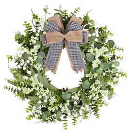 Vlorart 20'' Summer Wreaths for Front Door,Artificial Eucalyptus Wreath Green Wreaths for Front Door Boxwood with Bow and Berries for Farmhouse Decor,Door Wreaths for Front Door Outside All Season
