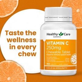 Healthy Care Vitamin C Chewable 250mg – 150 Tablets – Immune System & Skin Health Support – Antioxidant Protection – Natural Orange Flavor Supplement