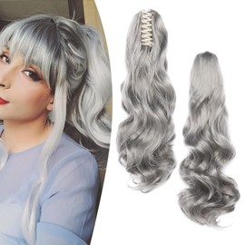 Gairyan 20inch Ponytail Extension Clip in Ponytail Hair Extensions Curly Wavy Pony Tails Claw on Ponytail Long Wave Synthetic Hairpieces for Women Soft Real Look (Dark Gray)