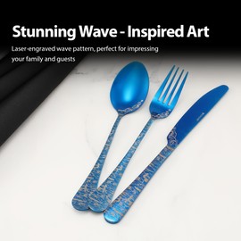 Blue Wave Cutlery Set 20 Pieces Stainless Steel Flatware Set Service for 4 Utensils For Home Kitchen Wedding Laser Engraved Dishwasher Safe All Blue