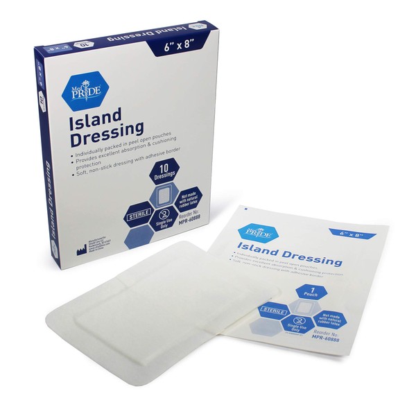Medpride 6'' x 8'' Bordered Gauze-Island Dressing| 10 Pack-Individually Packed Pouches| Wound Dressing with Adhesive, Breathable Borders| Sterile & Highly Absorbent| Latex-Free