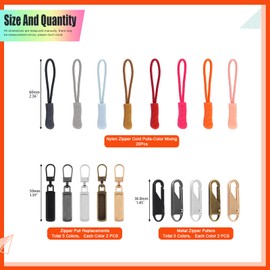 Tanstic 40Pcs Zipper Puller Set, Including 5 Colors Metal Zipper Pull Replacement and Metal Zip Slider Extender for Small Holes with 20Pcs Mixed Color Nylon Zipper Cord Pulls