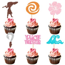 36Pcs Moana Inspired Birthday Cupcake Toppers Glitter Hawaii Flower Moana Cupcake Picks Hawaiian Birthday Party Decoration for Tropical Luau Summer Party Baby Shower Wedding Decorations