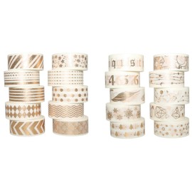 Grekywin 20 Rolls Washi Tape Set, 15 mm Wide Gold Foil Print Pattern in White Background, Japanese Masking Tape Decor for Scrapbook, Bullet Journal, Gift Wrapping (3 m)