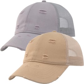 2 Pack Trendy Distressed Soft Trucker Hat for Women Men – Vintage Look, Soft Mesh Back, Snapback Adjustable Grey/Khaki