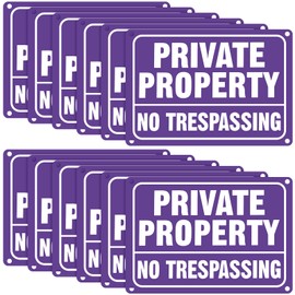 LEIFIDE 12 Pcs No Trespassing Signs Private Property Metal Reflective Aluminum No Trespassing Weatherproof Warning Signs for Property Security Outdoor Yard Home, 7 x 10 Inch(Purple,White)