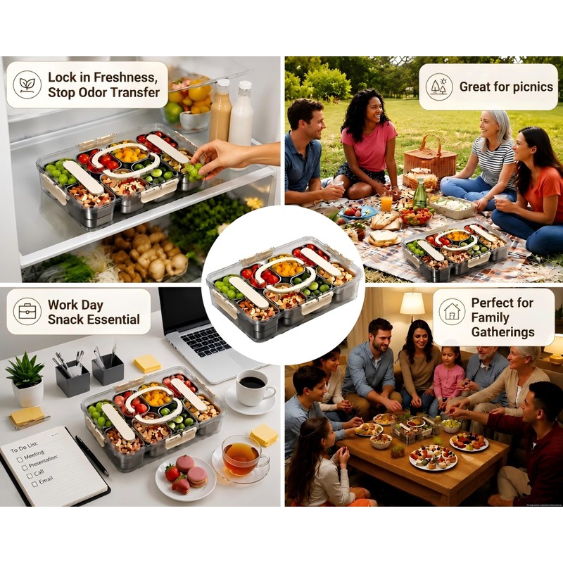 Snackle Box Container 304 Stainless Steel 8 Compartment