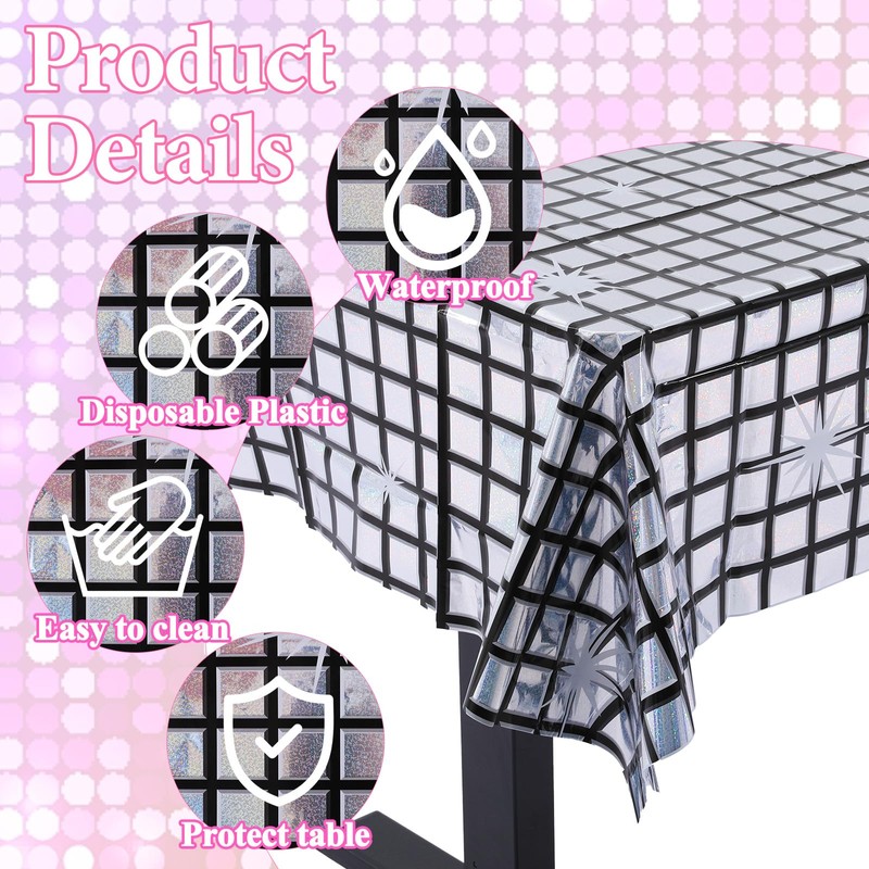 2 Pack Disco Tablecloth Party Decorations, Holographic Silver Glitter Plastic