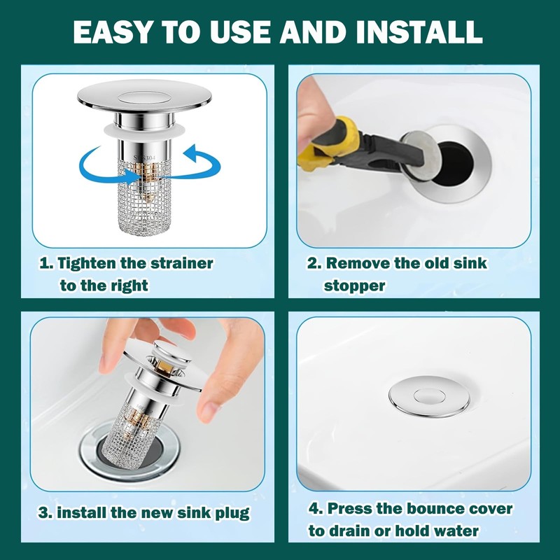 2 Pack Bathroom Sink Stopper Hair Catcher Pop-Up Stainless Steel