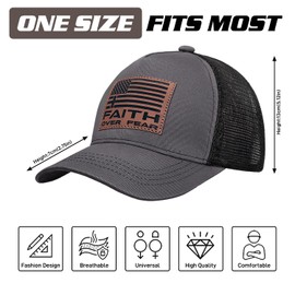 Faith Over Fear Hat with Leather Baseball Cap for Men Boy Gifts for Dad Cross Hats Christian Trucker Caps (US, Alpha, One Size, Faith Gray)
