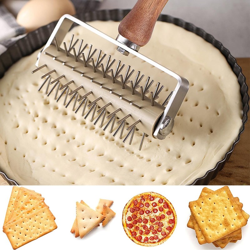 LOSYHU Dough Docker Roller Stainless Steel and Wooden Dough Roller,