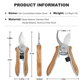 Berry&Bird Mini Pruning Shears for Gardening Curved Blades Hand Pruners with Wooden Handle Garden Scissors Snips Stainless Steel Trimming Small Clippers Bonsai Compact Size Sheaering Tool