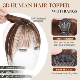 Hairro Clip in Air Bangs 360° 3D Cover Clip on Bangs 100% Real Human Hair Toppers Fake Hair Pieces Fringe for Women Daily Wear Dark Brown