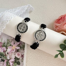 2 Pcs Red ST Benedict Bracelets Catholic Rosary Gifts Black Saint Benedict Bracelet Adjustable Blue String Medalla De San Benito Religious Gifts For Men Women (Black)