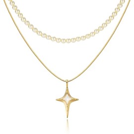 Cicy Bell Womens Four Point Star Necklace Sets Double Layer Chain Shell Pearl 18k Gold Plated Lucky Dainty Pendant Necklace Gifts