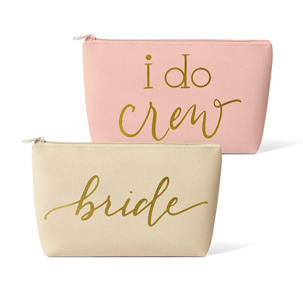 Bridal Party + Bride Makeup Bags – Leather Cosmetic Bags for Bachelorette Parties, Weddings, Bridal Showers (11 Piece Set, Pink Blush - I Do Crew)