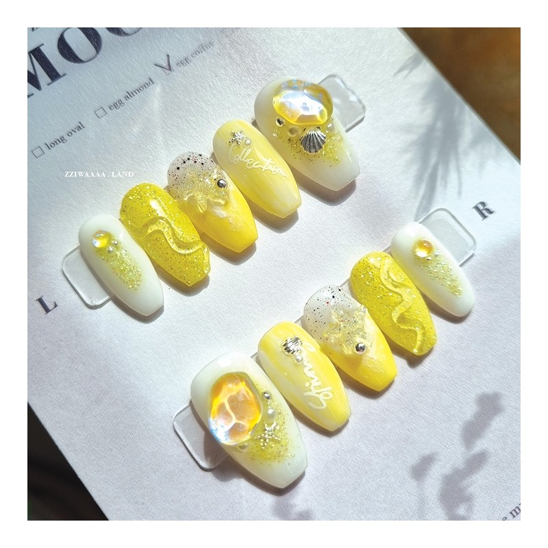 Lemon Beach.Lump Wave Sea Beach Unique Emotional Nail - Almond