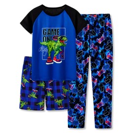Beezizac Little Big Boys Dino & Gamer Pajamas 3-Piece Short Sleeves Set & Pants PJ Kid Jammies Size 8