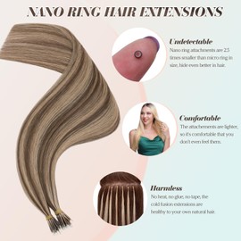 Benehair Nano Ring Hair Extensions Real Human Hair Extensions Nano Straight Remy Invisible 50g/Pack #4/27 Medium Brown Mix Dark Blonde 22 Inches
