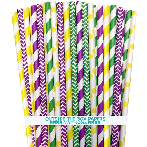 Mardi Gras Theme Paper Straws- Purple Yellow Green White - Stripe Chevron Polka Dot - 7.75 Inches - 150 Pack - Outside the Box Papers Brand