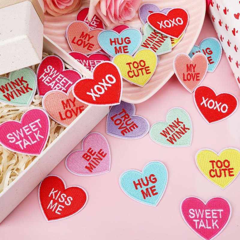 AUGSUN 30pcs Valentine's Day Iron On Patches Conversation Hearts Candy