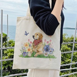 Dlzdn Spring Dog Tote Bag For Women Aesthetic Golden Retriever Floral Tote Bag Shopping Grocery Bag Beach Bag Gifts for Women Teacher Bag Reusable Grocery Bag