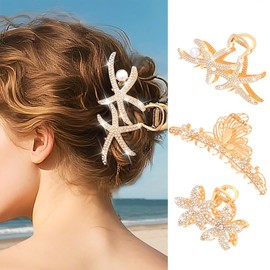 Formery Starfish Hair Claws Gold Rhinestone Flower Hair Clips Metal Butterfly Accessories for Women (3Pcs)