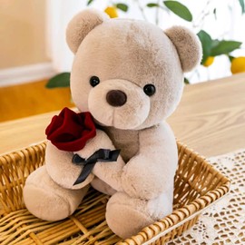 Ruzucoda Plush Teddy Bear with Rose Stuffed Animals Toys Dolls Valentine's Day Gifts for Girls Girlfriend Lover 9 Inches (Brown)