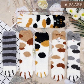 KASURE 6 Pairs of Cuddly Socks Women's Cuddly Bed Socks Sleeping Socks Thermal Socks Cat Christmas Socks Lady Suitable for Daily Use and as a Gift, multicoloured