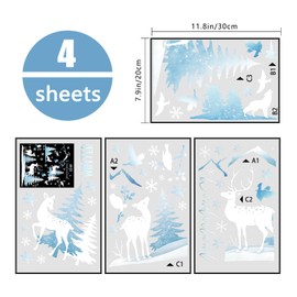 Yovkky Christmas Window Clings 4 Sheets, Winter Wonderland Snow Deer Elk Stickers Decals Decor, Xmas Tree Snowflakes Reindeer Holiday Home Kitchen Decorations