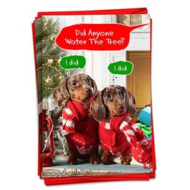 NobleWorks - Box of 12 Dog Christmas Cards Funny - Fun Adorable Pet Dogs, Animal Holiday Greetings with Envelopes (1 Design, 12 Cards) - Watering the Tree C3386XSG-B12x1