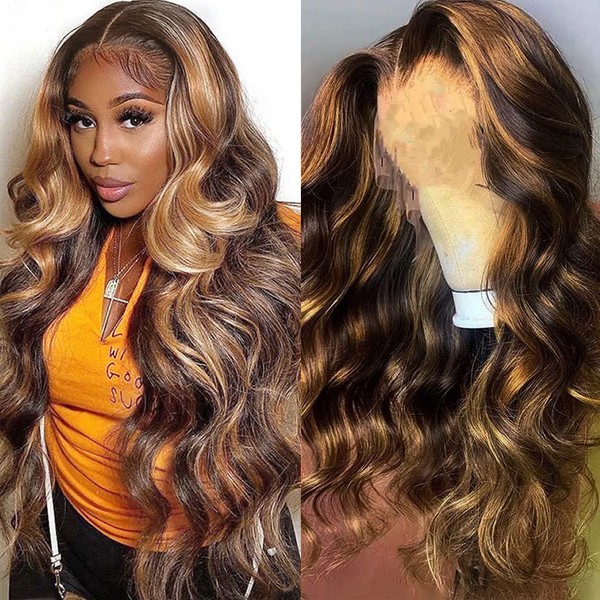 4/27 Highlight Lace Front Wigs Human Hair Msgem 14 Inch Omber 13 x 6 Body Wave T Part Lace Front Wigs 150% Density Brazilian Deep Part HD Lace Wigs Pre Plucked with Baby Hair for Black Women