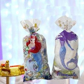 50 bolsas de celofán, bolsas de regalo de sirena, bolsas transparentes para violonchelo, bolsas de galletas con lazos para cumpleaños, baby shower, fiesta temática (5 x 11 pulgadas) (sirena)