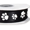 White Paw Print on Black Single Faced Satin Ribbon -