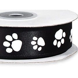 White Paw Print on Black Single Faced Satin Ribbon - 7/8" Wide x 25 Yards
