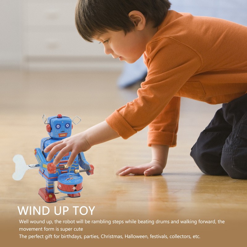 Clockwork Drumming Robot Toy Tinplate Retro Hand Made Drum Wind