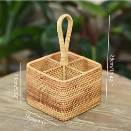 i-lan 2 Pack 4 Section Square Rattan Basket with Handle-Boho 7 Inch Divided Catch-all Bottle Caddy Serving Basket Box,Wicker Cosmetic Organizer Utensils Holder Seasoning Bottle Holder