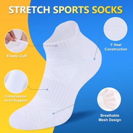 SockWaddles Trainer Socks for Men Women, Anti-Blister Cushioned Ankle Running, Breathable Cotton Sports, 6 Pairs White 3-5