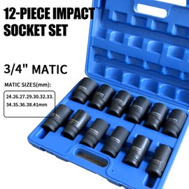 TONYNOL 3/4 Inch Drive Deep Impact Socket Set,6-Point,Metric (24mm to 41mm),12 Pcs,Cr-Mo,Heavy Duty Impact Socket Set,With a Storage Case