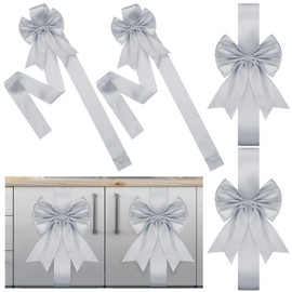 Syhood 4 Pieces Christmas Cabinet Big Bows Door Decorative Ribbon Festive Large Cabinet Ribbon Bows for Kitchen Cabinets Furniture Room Decorations (Silver)