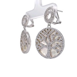 Tree of Life Dangle Earrings, Sterling Silver –31.3mm diameter Mother of Pearl & CZ-AAA Cubic Zirconia